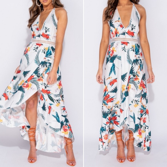 *1 LEFT *Embroidered Faux Wrap Floral Halter Maxi - Picture 6 of 6